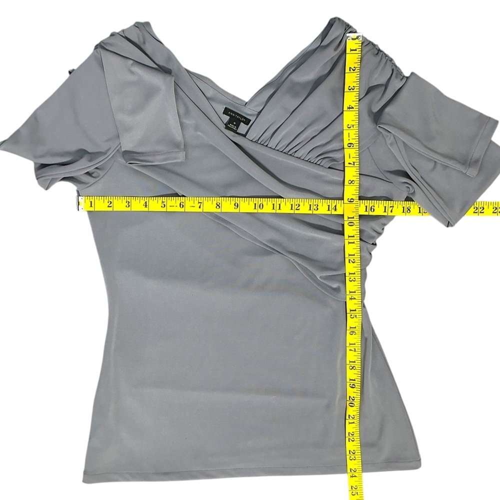 Ann Taylor Top Draped Cross Over Ruched Sleek Stretchy Gray Women's Medium - Picture 7 of 16